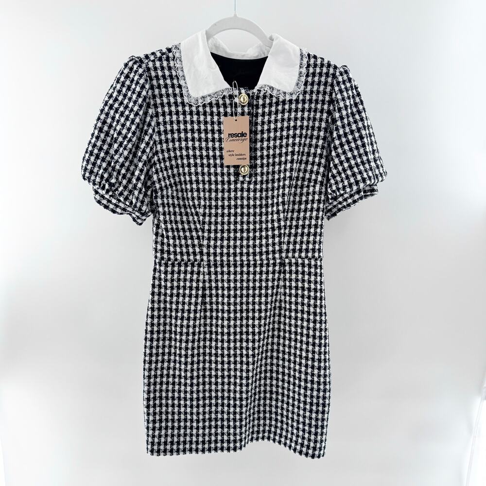 Lovers and Friends Tweed Shirt Collar Mini Dress with Gold Buttons Black White S